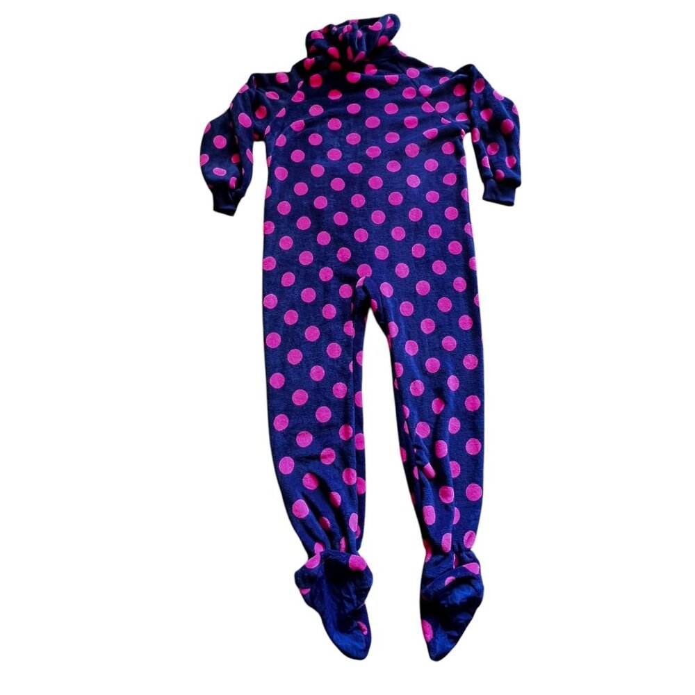 Footed Pajamas Hooded Purple Pink Polka Dot Fleece Zipper Closure Pocket Warm - Picture 6 of 16